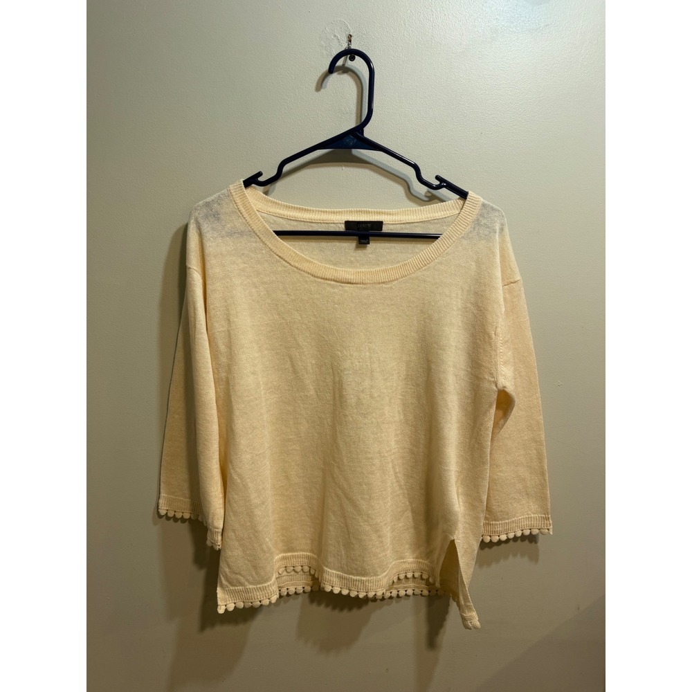 J. Crew Womens XS Yellow 100% Linen Pom Pom‎ Trim Scoop Neck 3/4 Sleeve Sweater